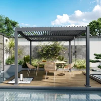 Outsunny 10' x 10' Louvered Pergola with Adjustable Metal Roof and Aluminum Frame, Outdoor Hardtop Gazebo with Drainage System(m-10)