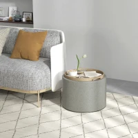 HOMCOM Round Coffee Table, End Table with Hidden Storage and Tray Top, Linen Upholstered Footrest for Living Room(m-1)