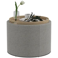 HOMCOM Round Coffee Table, End Table with Hidden Storage and Tray Top, Linen Upholstered Footrest for Living Room(m-2)