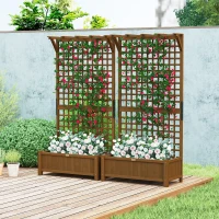 Outsunny Wood Planter with Trellis for Vine Climbing, Raised Garden Bed, Privacy Screen for Backyard, Patio, Deck, Coffee(m-10)