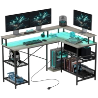 HOMCOM 59" L Shaped Desk with Storage, Corner Desk with LED Lights and Power Outlets for Home Office, Small Space, Gray