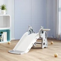 Qaba 3-in-1 Toddler Slide for Age 1-3, Freestanding Kids Slide with Climber, Basketball Hoop and Ball, Giraffe Design, Gray(m-9)