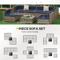 Outsunny 7-Piece Outdoor Wicker Patio Sofa Set, Modern Rattan Conversation Furniture Set with Cushions, Pillows and Tea Table - Blue(m-6)