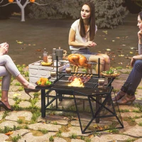 Outsunny 2-in-1 Outdoor Fire Pit Firepit with BBQ Grill Grate, Wood Fire Pit with Adjustable Foot Pads, Outer Ledge, Poker, Mesh Lid for Backyard Bonfire Picnic, Black(m-10)