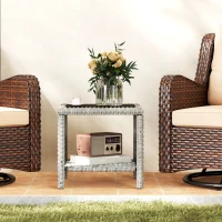 Outsunny 19" Outdoor Wicker Coffee Table with Glass Top, Storage Shelf for Garden Porch Balcony Deck, Dark Grey(m-7)