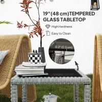 Outsunny 19" Outdoor Wicker Coffee Table with Glass Top, Storage Shelf for Garden Porch Balcony Deck, Dark Grey(m-4)