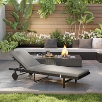 Outsunny PE Rattan Tanning Chair, Outdoor Patio Lounger with 5-Level Adjustable Back, Wheels and Cushion, Grey(m-8)