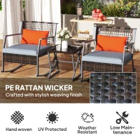 Outsunny 3 Pieces Rocking Bistro Set, Wicker Patio Furniture Set with Cushions and Glass Table for Porch, Balcony, Grey(m-5)