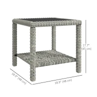 Outsunny 19" Outdoor Wicker Coffee Table with Glass Top, Storage Shelf for Garden Porch Balcony Deck, Dark Grey(m-3)