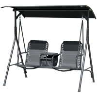 Outsunny 2-Seat Outdoor Porch Swing, with Pivot Storage Table, Cup Holder, & Adjustable Overhead Canopy, Stand's Skid-Resistant Feet Pad, Breathable Mesh Seat, Steel Frame, for Patio, Black(m-1)