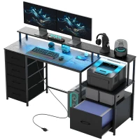 HOMCOM Computer Desk with Power Outlets and LED Lights, 67" Computer Table with File Cabinet and Fabric Drawers, Black(m-1)