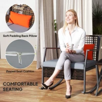 Outsunny 3 Pieces Rocking Bistro Set, Wicker Patio Furniture Set with Cushions and Glass Table for Porch, Balcony, Grey(m-6)