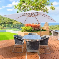 Outsunny 10ft x 10 ft Patio Offset Parasol Hanging Cantilever Umbrella with Deluxe Wood Pattern Effect Design, Adjustable Tilt and 360° Rotation, White(m-12)