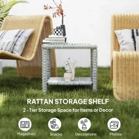 Outsunny 19" Outdoor Wicker Coffee Table with Glass Top, Storage Shelf for Garden Porch Balcony Deck, Dark Grey(m-5)