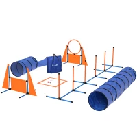 PawHut 10 PCs Dog Agility Training Equipment Set Outdoor Indoor, Dog Agility Course Backyard Set with 2 Tunnels, Weave Poles(m-1)