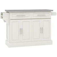 HOMCOM Rolling Kitchen Island with Stainless Steel Top, 2 Drawers, Spice, Knife and Towel Rack and Cabinets, Cream White(m-12)