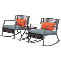 Outsunny 3 Pieces Rocking Bistro Set, Wicker Patio Furniture Set with Cushions and Glass Table for Porch, Balcony, Grey(m-2)