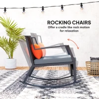 Outsunny 3 Pieces Rocking Bistro Set, Wicker Patio Furniture Set with Cushions and Glass Table for Porch, Balcony, Grey(m-4)