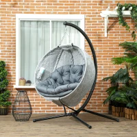 Outsunny Egg Chair with Folding Basket, Outdoor Indoor Hanging Swing Chair with Stand, Cushions for Patio, Balcony, Grey(m-8)