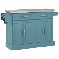 HOMCOM Rolling Kitchen Island with Stainless Steel Top, 2 Drawers, Spice, Knife and Towel Rack and Cabinets, Teal Blue(m-12)