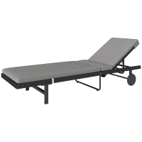 Outsunny PE Rattan Tanning Chair, Outdoor Patio Lounger with 5-Level Adjustable Back, Wheels and Cushion, Grey(m-2)