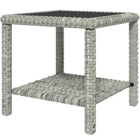 Outsunny 19" Outdoor Wicker Coffee Table with Glass Top, Storage Shelf for Garden Porch Balcony Deck, Dark Grey(m-2)
