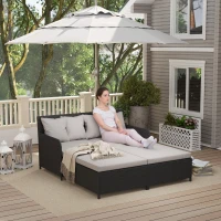 Outsunny Rattan Outdoor Daybed, Sunbed Loveseat with Soft Cushions, 4 Pillows, Curved Backrest & Armrest, Light Grey(m-8)