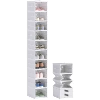 HOMCOM Stackable Plastic Shoe Boxes, 10 Pack Foldable Shoe Storage Boxes with Clear Door, No Assembly, Fit Size 10, White(m-11)