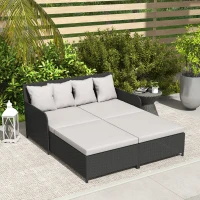 Outsunny Rattan Outdoor Daybed, Sunbed Loveseat with Soft Cushions, 4 Pillows, Curved Backrest & Armrest, Light Grey(m-10)