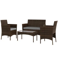 Outsunny 4 Pieces Wicker Outdoor Balcony Furniture Set Rattan Patio Furniture Set with Loveseat Chairs Glass Coffee Table Grey(m-2)