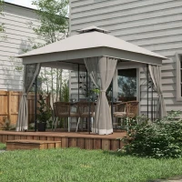 Outsunny 10'x10' Soft-top Steel Patio Gazebo Outdoor Sun Shelter with 2-Tier Polyester Roof, Curtain Sidewalls, Light Grey(m-8)