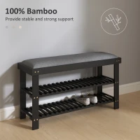 HOMCOM Bamboo Shoe Storage Bench, 3-Tier Entryway Bench with Cushion, Shoe Organizer for Entryway, Hallway, Black(m-6)