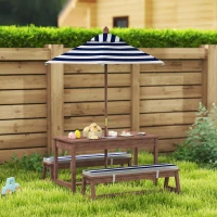 Qaba Wooden Kids Picnic Table & Bench Set with Removable Umbrella, Cushions, for Garden, Backyard, Patio, Navy Blue(m-8)
