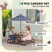 Qaba Wooden Kids Picnic Table & Bench Set with Removable Umbrella, Cushions, for Garden, Backyard, Patio, Navy Blue(m-4)