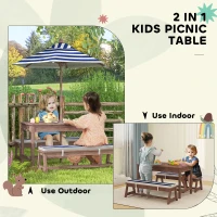 Qaba Wooden Kids Picnic Table & Bench Set with Removable Umbrella, Cushions, for Garden, Backyard, Patio, Navy Blue(m-6)