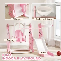 Qaba 4 in 1 Toddler Slide and Swing Set with Climber, Basketball Hoop, Rabbit Themed Kids Playset for Ages 1.5-4, Pink(m-4)