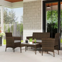 Outsunny 4 Pieces Wicker Outdoor Balcony Furniture Set Rattan Patio Furniture Set with Loveseat Chairs Glass Coffee Table Grey(m-8)