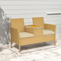 Outsunny Patio Sofa Wicker Loveseat with Built-in Flip-Top Coffee Table and Cushions for Balcony, Garden, Lawn, Backyard, Khaki(m-3)