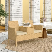 Outsunny Patio Sofa Wicker Loveseat with Built-in Flip-Top Coffee Table and Cushions for Balcony, Garden, Lawn, Backyard, Khaki(m-8)
