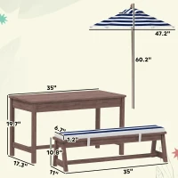 Qaba Outdoor Wooden Kids Picnic Table & Bench Set with Cushions and Umbrella, for Patio, Garden, Navy Blue(m-3)