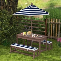 Qaba Outdoor Wooden Kids Picnic Table & Bench Set with Cushions and Umbrella, for Patio, Garden, Navy Blue(m-10)