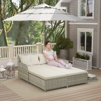 Outsunny Rattan Outdoor Daybed, Sunbed Loveseat with Soft Cushions, 4 Pillows, Curved Backrest & Armrest, Beige(m-8)