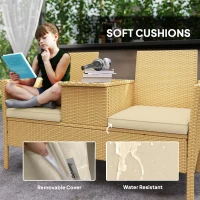 Outsunny Patio Sofa Wicker Loveseat with Built-in Flip-Top Coffee Table and Cushions for Balcony, Garden, Lawn, Backyard, Khaki(m-7)