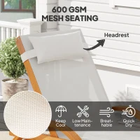 Outsunny Larch Wood Lounge Chair, 4-Level Adjustable Tanning Chair, Full Flat Patio Lounger with Mesh Seat, Cream White(m-6)