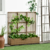 Outsunny Raised Garden Bed with Lattice Trellis, Rattan Outdoor Planter with Storage for Garden, Patio, Balcony, Sand Brown(m-1)