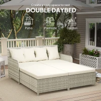 Outsunny Rattan Outdoor Daybed, Sunbed Loveseat with Soft Cushions, 4 Pillows, Curved Backrest & Armrest, Beige(m-9)