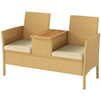 Outsunny Patio Sofa Wicker Loveseat with Built-in Flip-Top Coffee Table and Cushions for Balcony, Garden, Lawn, Backyard, Khaki(m-1)