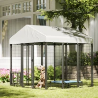 PawHut 5.9' x 5.9' x 6' Outdoor Dog Kennel with Roof, Rotating & 4-Level Adjustable Bowls(m-10)