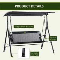 Outsunny 2-Seater Patio Swing Chair, Outdoor Adjustable Canopy Porch Swing with Armrests, Texeline Fabric and Steel Frame, Black(m-7)