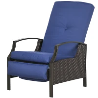 Outsunny Outdoor Rattan Recliner Chair, Wicker Reclining Chair with Adjustable Back Retractable Footrest Cushion Dark Blue(m-2)